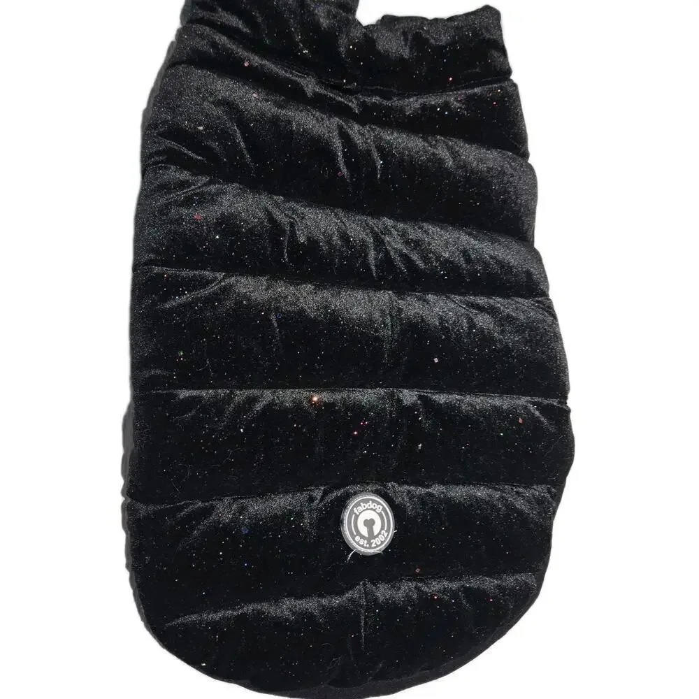 Fab Dog Pet Apparel Soft Velvety Puffer Coat Jacket Black Rainbow Sparkles L